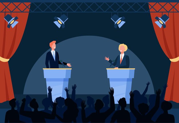 Dos políticos que participan en debates políticos frente a la audiencia aislaron ilustración plana