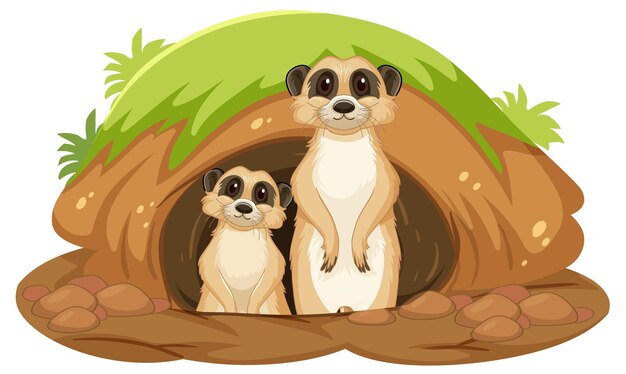 Dos suricatas con madriguera en estilo de dibujos animados