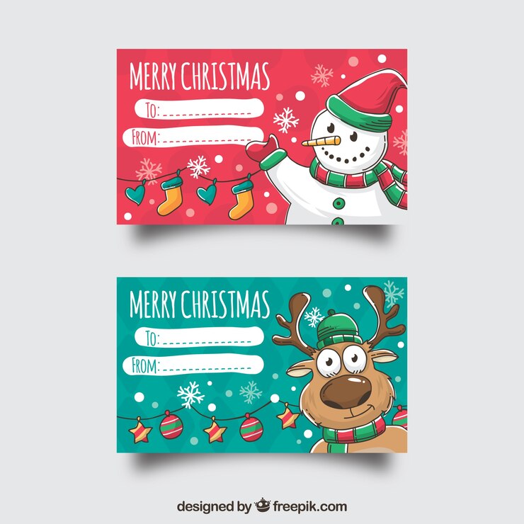 Vector gratuito dos tarjetas de feliz navidad con un muñeco de nieve y un reno