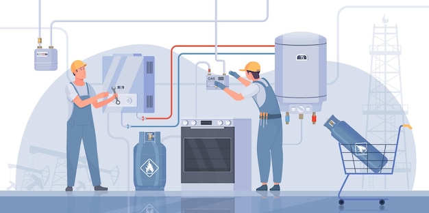 Dos técnicos arreglando aparatos domésticos de gas e instalando ilustración de vector plano de tanque