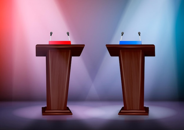 Dos tribunas para el debate en el escenario iluminado por focos composición coloreada realista ilustración 3d,