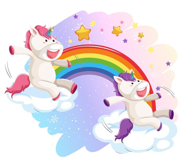Dos unicornios de pie sobre las nubes con arco iris