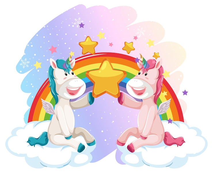 Vector gratuito dos unicornios sentados en las nubes con arco iris.