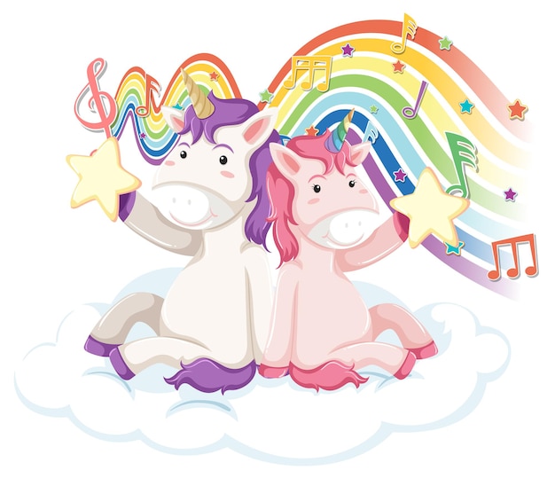 Vector gratuito dos unicornios con símbolos de melodía en arco iris.