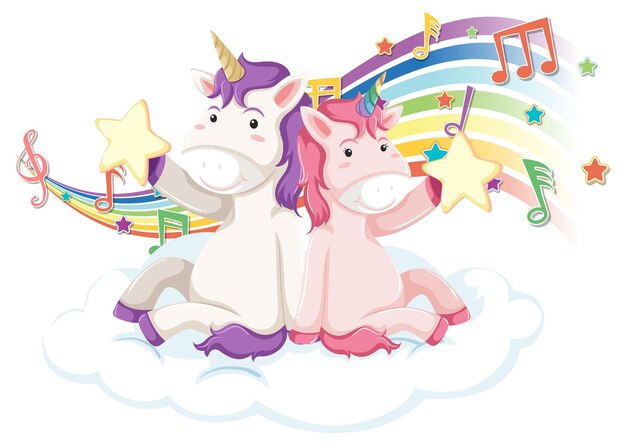 Dos unicornios con símbolos de melodía en arco iris.