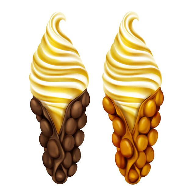 Dos waffles de huevo de Hong Kong rellenos de helado de caramelo 3d realistas
