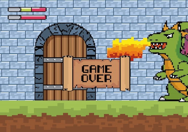 Vector gratuito dragón escupe fuego en la puerta del castillo con juego sobre mensaje