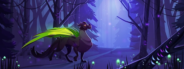 Dragón de fantasía en el camino en la ilustración de fondo del bosque mágico Escena de juego de aventuras de Halloween con un paisaje espeluznante fondo de pantalla de dibujos animados hermosa historia de cuento de hadas nocturno con un personaje mítico oscuro