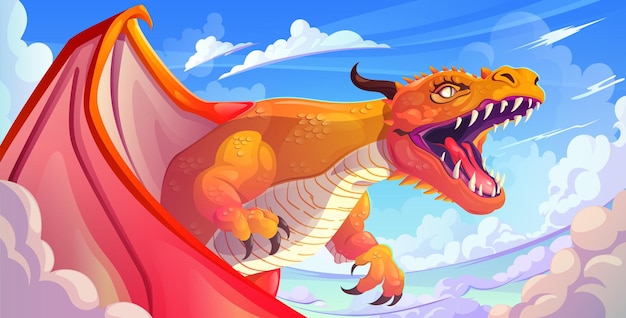 Vector gratuito dragón de fantasía mágica volando en el cielo dibujos animados vector juego paisaje hermoso y fuerte cuento de hadas monstruo mitología personaje ilustración mítica bestia enojada respirando poder de animal con alas