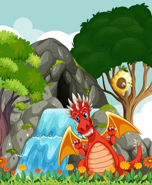 Dragón junto a la cascada y cueva
