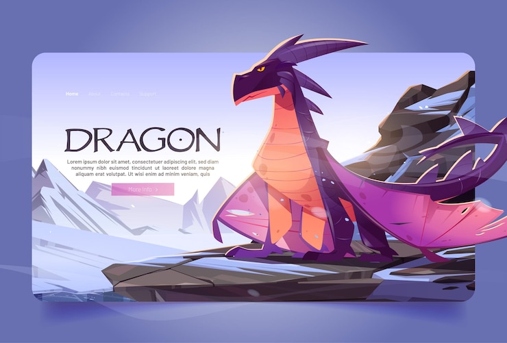 Vector gratuito dragón en la página de inicio de dibujos animados de montañas de invierno. personaje mágico sentado sobre una roca en el fondo del paisaje nevado. personaje de fantasía de dibujos animados, juego de cuento de hadas, película de fantasía o libro banner web de vector