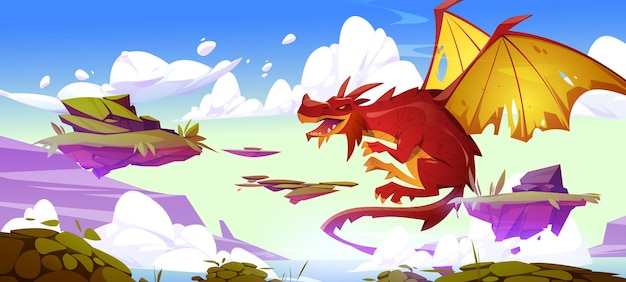 Vector gratuito dragón volando en un cielo nublado con islas flotantes