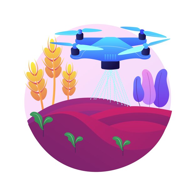 Drone de agricultura utiliza la ilustración del concepto abstracto. Agricultura agricultura de precisión, primeros auxilios, análisis, fumigación de cultivos, vigilancia con drones, monitoreo de riego.