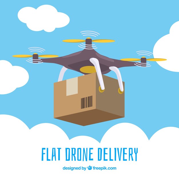 Drone en el cielo con caja de cartón