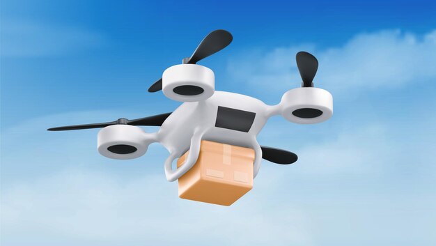 Drone llevando una caja de paquetes en el cielo