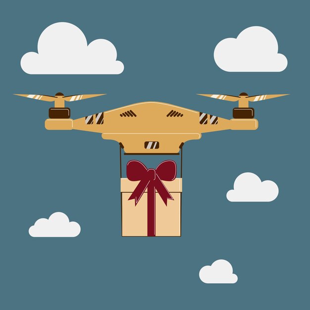 Drone con un regalo moderno Flat Vector Illustration