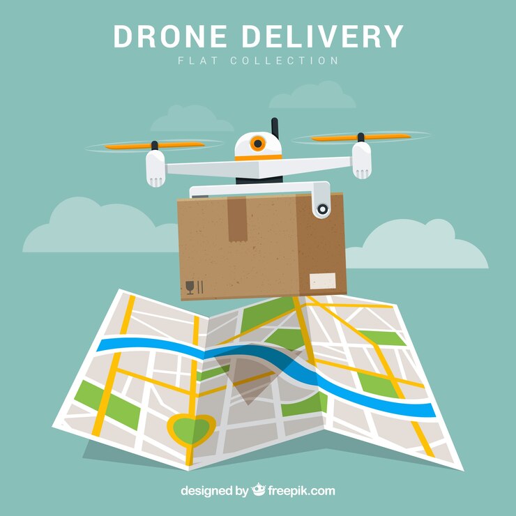 Vector gratuito drone de reparto con caja y mapa