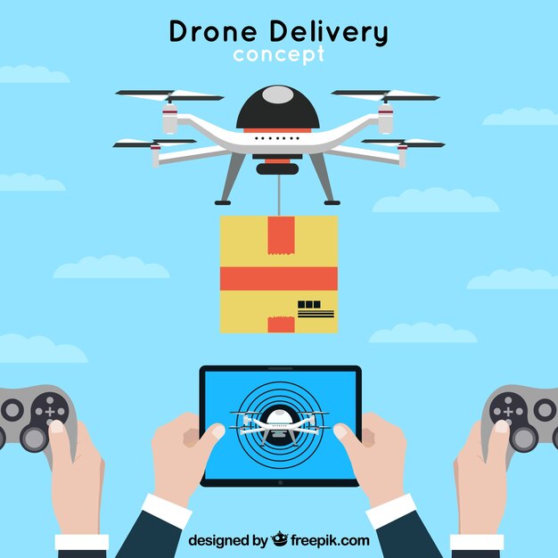 Drone volando con caja de cartón