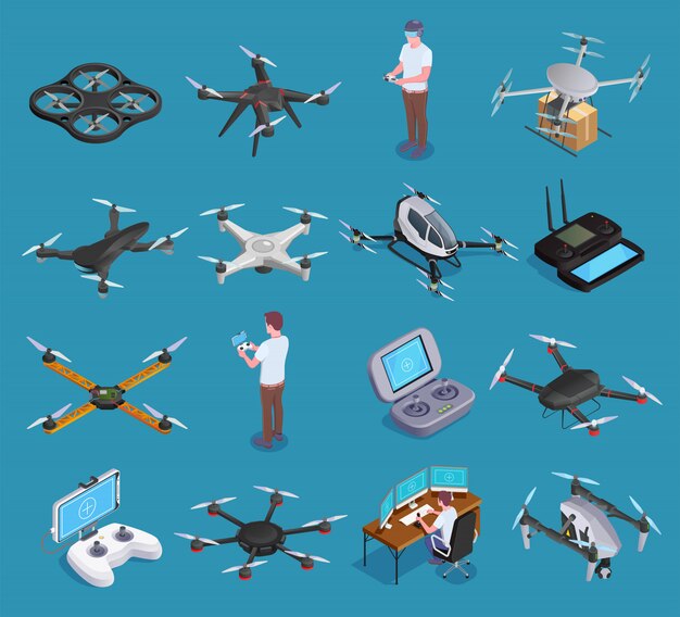Drones Quadrocopters Isometric Set