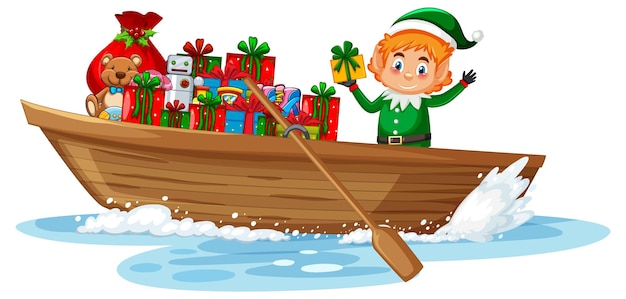 Vector gratuito duende en bote de remos con muchas cajas de regalo