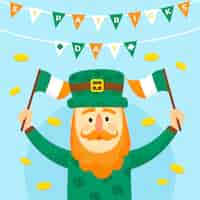 Vector gratuito duende de diseño plano del día de san patricio con banderas y guirnaldas