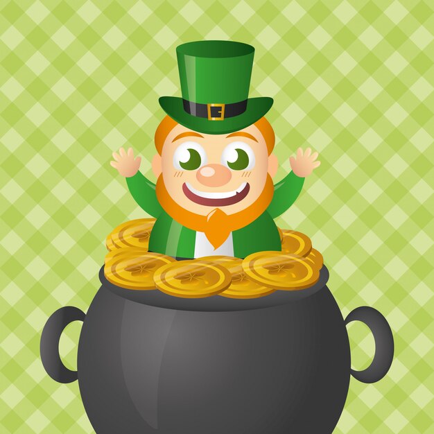 Duende irlandés que sale de un caldero con monedas.