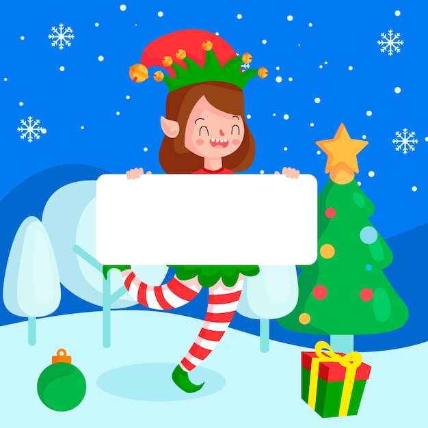 Vector gratuito duende de navidad personaje sosteniendo pancarta en blanco