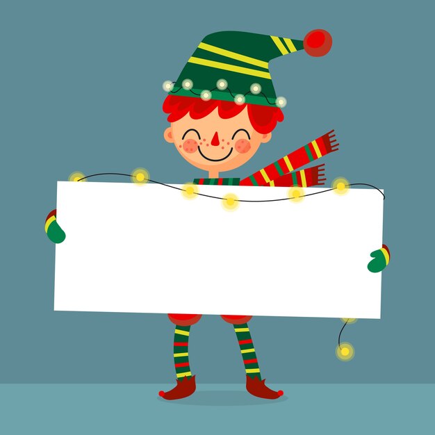 Duende de Navidad sosteniendo pancarta en blanco