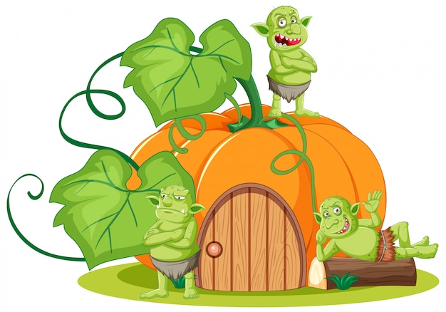 Vector gratuito duende o troll con casa de calabaza en estilo de dibujos animados aislado