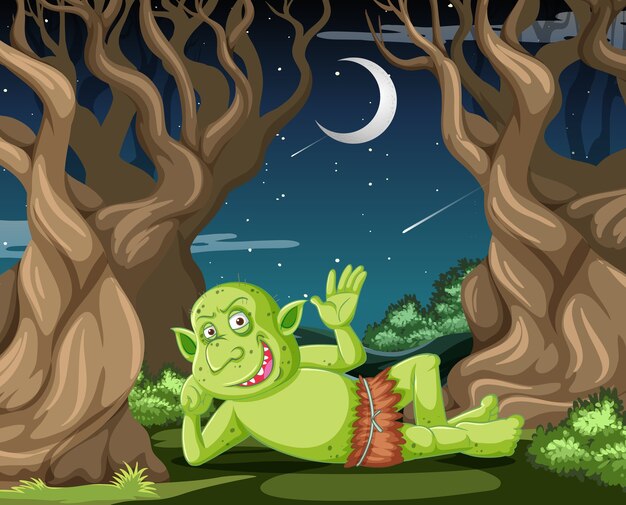 Duende o troll en la escena de estilo de dibujos animados de bosque