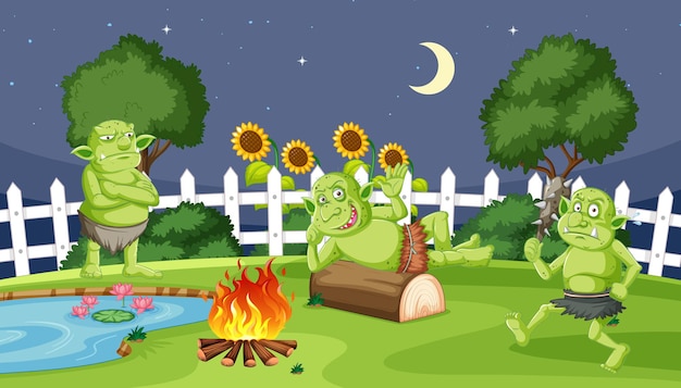 Duendes o trolls con noche de campamento de fuego en estilo de dibujos animados en el jardín