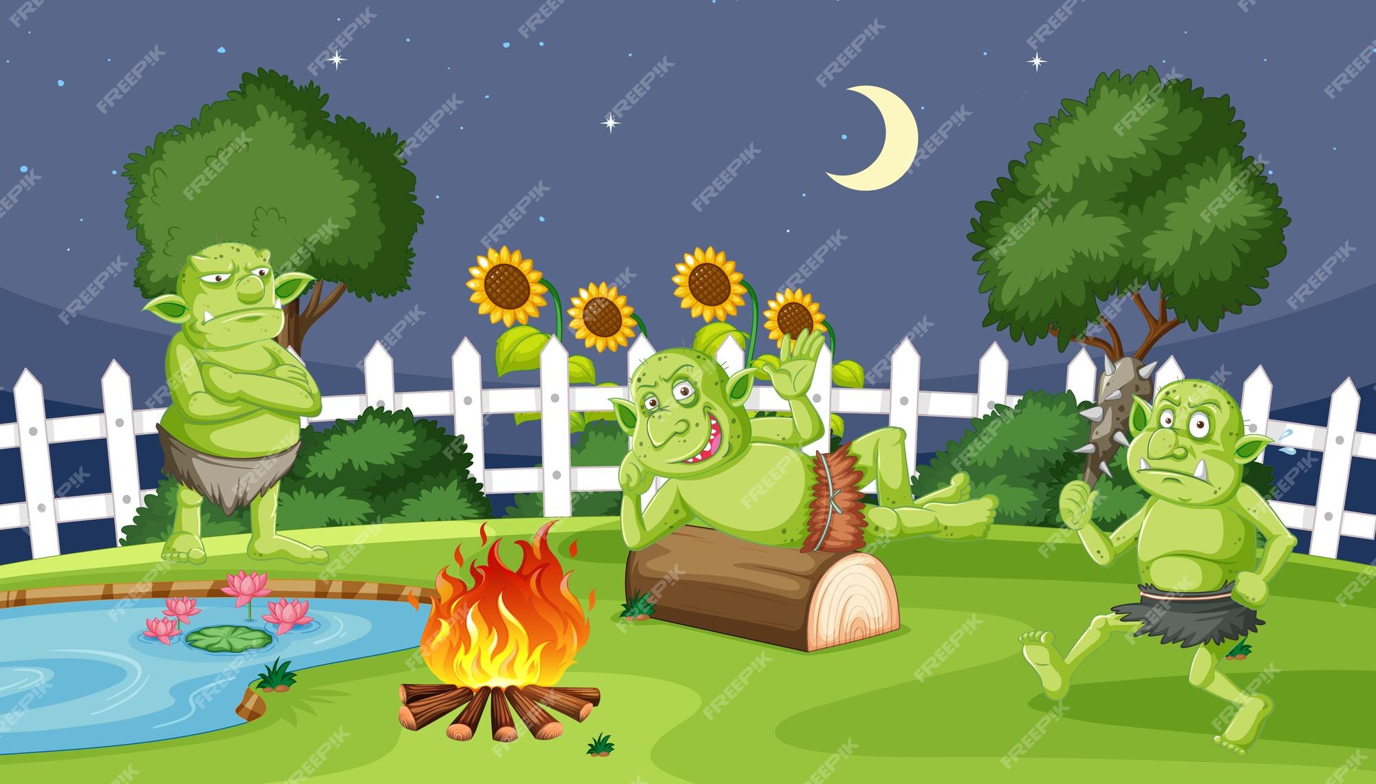 Duendes o trolls con noche de campamento de fuego en estilo de dibujos animados en el jardín | Vector Gratis Duendes o trolls con noche de campamento de fuego en estilo de dibujos animados en el jardín | Vector Gratis
