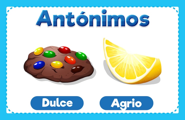 Vector gratuito dulce y agrio tarjeta de palabras antónimas en español significa agridulce