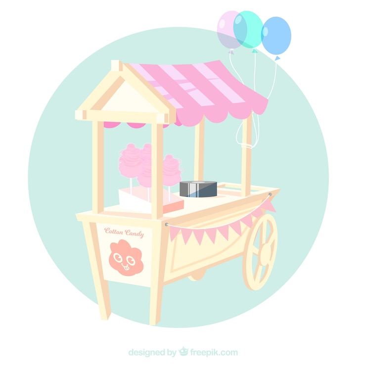 Vector gratuito dulce carro de algodón de azúcar con globos