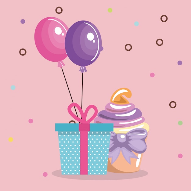 dulce y delicioso cupcake con regalo y globos