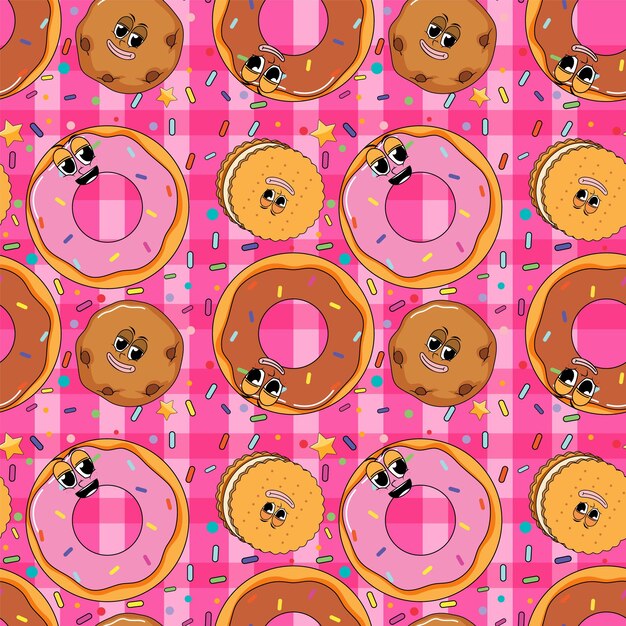 Dulce donut dibujos animados de patrones sin fisuras