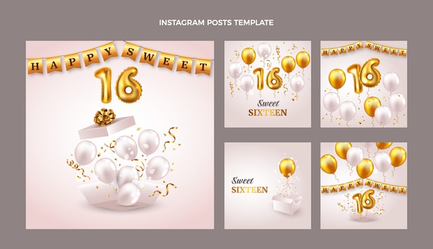 Vector gratuito dulces 16 publicaciones de instagram de lujo realista