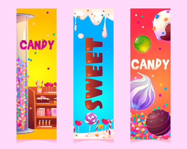 Vector gratuito dulces y caramelos de dibujos animados pancartas verticales o marcadores con productos de confitería o pastelería s ...