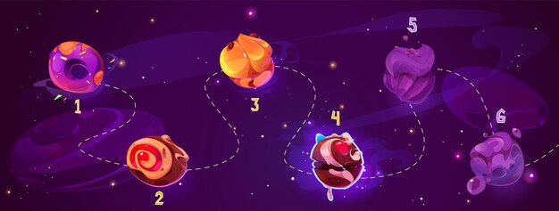 Dulces comida planeta espacio juego nivel mapa dibujos animados vector fondo fantasía chocolate galaxia ilustración con donut divertido colorido jalea sistema solar viaje de panadería postre satélite y carretera