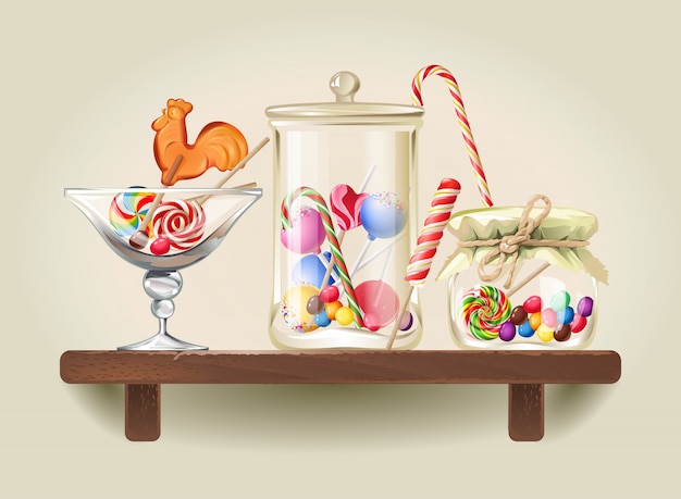 Vector gratuito dulces en frascos de vidrio en estante de madera