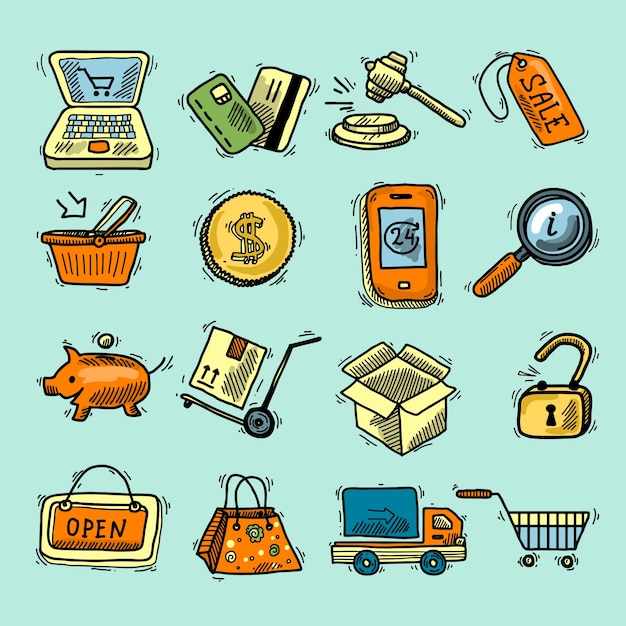 E-commerce de color iconos de boceto conjunto de cesta de la compra cuadro de venta de venta etiqueta aislada ilustración vectorial.