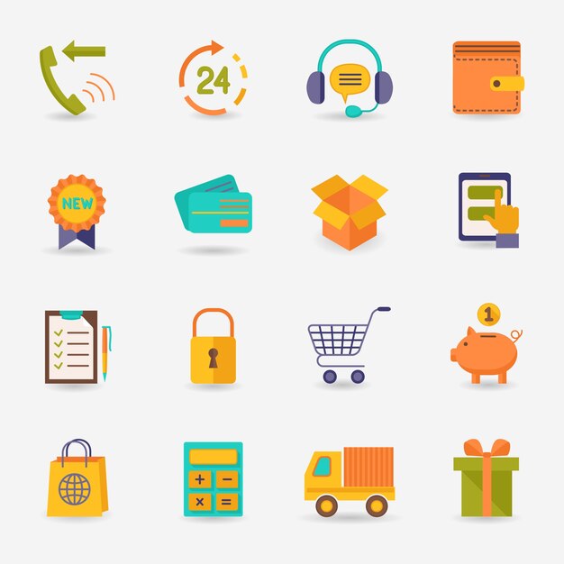 E-commerce, compras, iconos, plano, conjunto, entrega, camión, crédito, tarjeta, cerdo, banco, aislado, vector, Ilustración