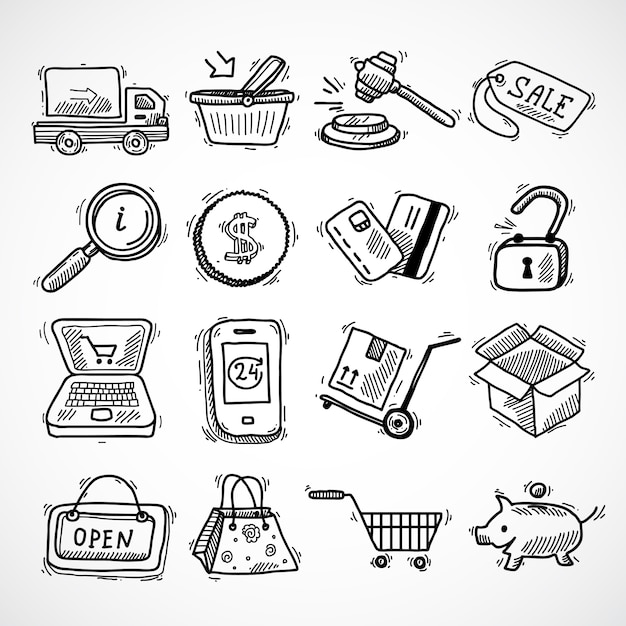E-commerce iconos de compras iconos conjunto de entrega de camiones tarjeta de crédito hucha ilustración vectorial aislados
