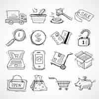 Vector gratuito e-commerce iconos de compras iconos conjunto de entrega de camiones tarjeta de crédito hucha ilustración vectorial aislados
