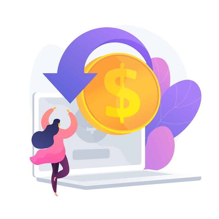 Vector gratuito e icono de web de dibujos animados de compras. tienda online, servicio de devolución de dinero, devolución de dinero. idea de reembolso financiero. retorno de la inversión. ingresos por internet. ilustración de metáfora de concepto aislado de vector