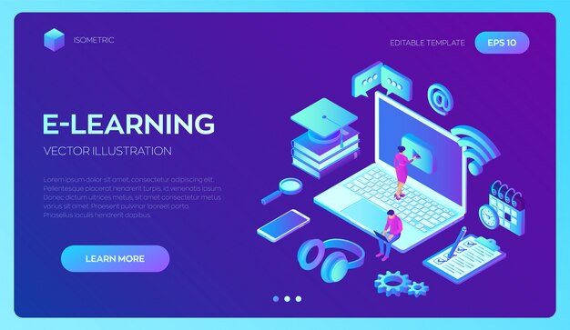 E-learning Concepto isométrico innovador de educación en línea y aprendizaje a distancia.