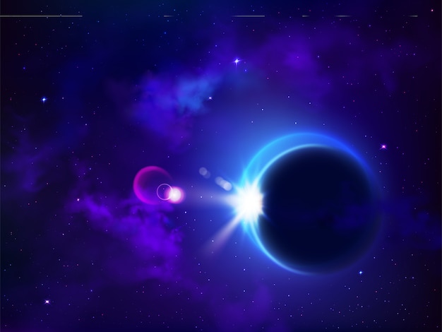 Eclipse total solar o lunar. cubierta de la luna sol fenómeno natural misterioso en el espacio exterior, enfrentamiento planetario, cielo galaxia, estrellas brillantes, astronomía, fondo cósmico. ilustración de vector 3d realista