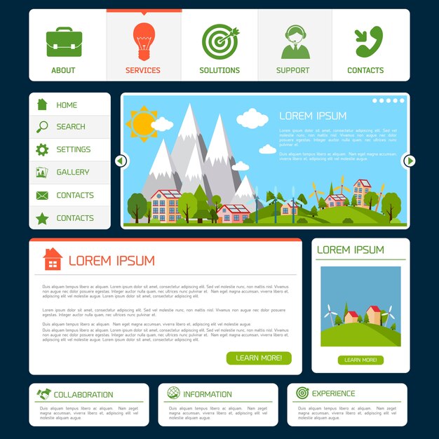 Eco verde naturaleza naturaleza plantilla de diseño web con botones de navegación ilustración vectorial