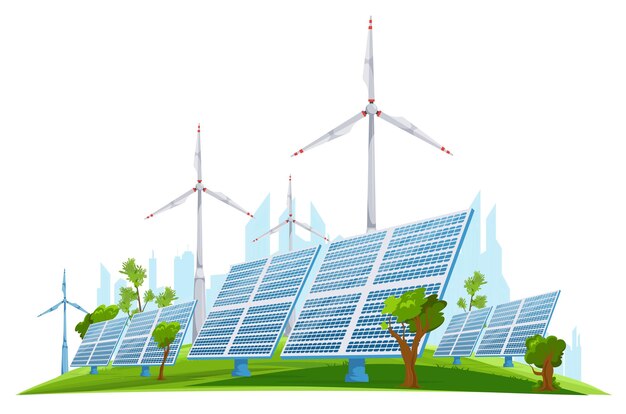 Ecología energía verde concepto realista con turbinas eólicas y paneles solares en el fondo con ilustración vectorial de silueta del paisaje urbano