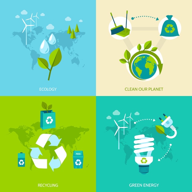 Ecología limpiar nuestro planeta reciclaje iconos de concepto de energía verde conjunto de ilustración vectorial aislado.